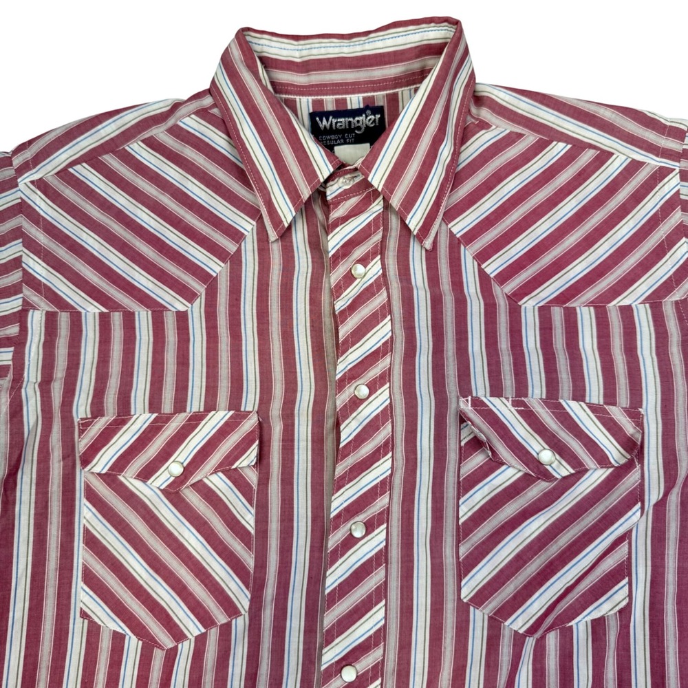 Wrangler Cowboy Cut Western Shirt Mens 16.5 Red White Striped Pearl Snap Short